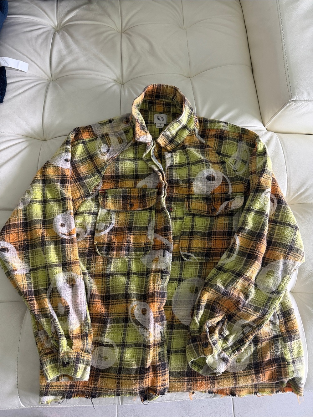 BDG Lime Green & Orange Plaid Flannel Shirt with white yin-yang print